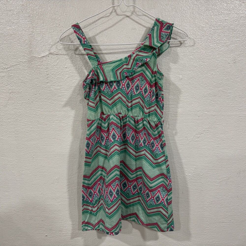 Bobbie Brooks Girls L (10-12) Green Pink White Chevron Aztec Print Ruffle Dress